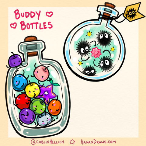 a set of two digital illustrations meant as flash tattoos. They're called Buddy Bottles! One is full of junimos from stardew valley, along with a stardrop fruit. The other is full of soot sprites and a star candy.