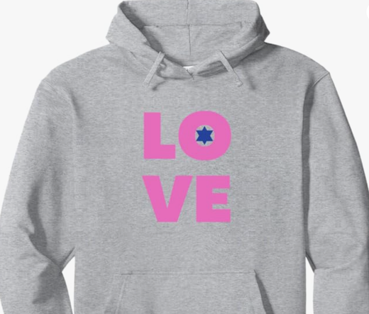 Love is shown in pink lettering with a Jewish star tucked into the letter "o" in love.