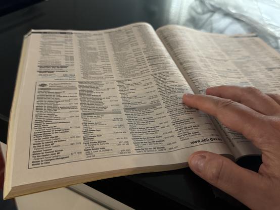 A “finger doing the walking” in a brand new edition of the Yellow Pages for 2025, but only 150 pages … that includes not just A-K and L-Z, but also the White Pages (ostensibly only “business and government”, but I can see a few names of people that might be landline owners, IDK)