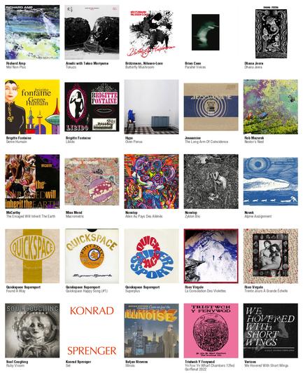 Collage des pochettes des albums de Richard Amp (Moi Non Plus), Arashi with Takeo Moriyama (Tokuzo), Brötzmann, Nilssen-Love (Butterfly Mushroom), Brian Case (Parallel Voices), Dhana Jeera (Dhana Jeera), Brigitte Fontaine (Genre Humain), Brigitte Fontaine (Libido), Hypo (Oven Penus), Jessamine (The Long Arm Of Coincidence), Rob Mazurek (Nestor's Nest), McCarthy (The Enraged Will Inherit The Earth), Miss Mend (Macrometric), Nonstop (Alien Au Pays Des Aliénés), Nonstop (Zyklon Bio), Novak (Alpine Assignment), Quickspace Supersport (Found A Way), Quickspace Supersport (Quickspace Happy Song (#1)), Quickspace Supersport (Superplus), Rien Virgule (La Consolation Des Violettes), Rien Virgule (Trente Jours À Grande Échelle), Soul Coughing (Ruby Vroom), Konrad Sprenger (Set), Sufjan Stevens (Illinois), Tristwch Y Fenywod (Yn Fyw Yn Wharf Chambers 12fed Gorffenaf 2022 [LP]), Various (We Hovered With Short Wings)