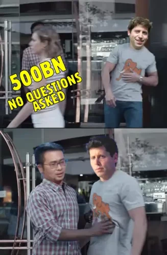 man stopping harassment meme, 2pics
pic1 man (here altman (the openai guy)) looking interested at a passing by lady labeled "500bn no questions asked"
pic2 other man (wenfeng (the deepseek guy)) stopping altman