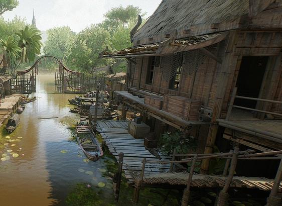 Un village sur l'eau au Sukhothaï. On voit un "portail" vers la forêt, il y a des arbres bien verts. Des barques, des personnes vendant des poissons. Il y a un bâtiment en bois avec des caisse à droite. La pointe du haut d'un bâtiment dépasse des arbres.