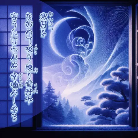 «Generated by BingImageCreator, Edit in CapCut »
Alt-TXT: A serene, cold winter night with an old moon (ariake-zuki) hanging low in the sky. Snow-covered trees and mountains frame the scene, and stars twinkle above. The moon's subtle glow and swirls of light create a magical, tranquil atmosphere.

On the left side of the image is a tanka poem written in Japanese that reads, "Gazing at the moon on a chilly day while munching on the sea urchin paste brings an indescribable feeling of happiness."