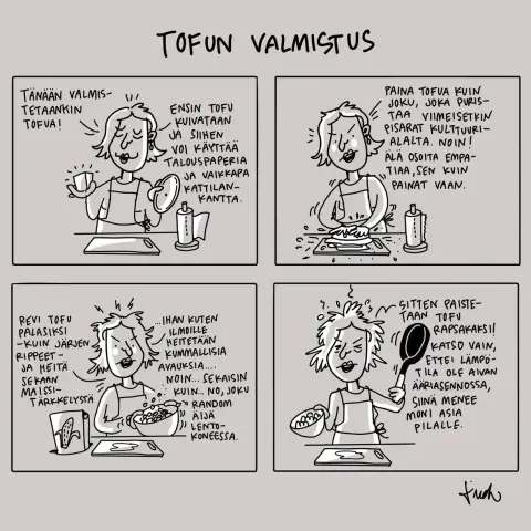 Neljän ruudun sarjakuvastrippi, iso otsikko: "Tofun valmistus"

Reippaan ja koherentin oloinen naishenkilö aloittaa: "Tänään valmistetaankin tofua! Ensin tofu kuivataan ja siihen voi käyttää talouspaperia ja vaikkapa kattilankantta." Esillä on leikkuulauta ja nämä välineet.

Toisessa ruudussa kulmakarvoissa on jo vihainen kulma. "Paina tofua kuin joku, joka puristaa viimeisetkin pisarat kulttuurialalta. Noin! Älä osoita empatiaa, sen kuin painat vaan." Tämä liike demonstroidaan. Tofusta tirskuu pisaroita.

Kolmannessa ruudussa päästä säteilee jo raivoa ja tukka alkaa sojottaa. "Revi tofu palasiksi - kuin järjen rippeet ja heitä sekaan maissitärkkelystä ...ihan kuten ilmoille heitetään kummallisia avauksia... Noin... Sekaisin kuin... No, joku random äijä lentokoneessa." Tofu on kulhossa jota ravistellaan.

Viimeisessä ruudussa pinna on kireällä, tukka hajallaan ja silmät tuskaisesti kiinni. Paistinpannu kädessä: "Sitten paistetaan tofu rapsakaksi! Katso vain, ettei lämpötila ole ääriasennossa, siinä menee moni asia pilalle."
Signeeraus oikeassa alakulmassa."