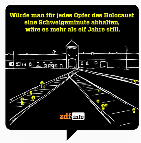 Schwarz weiß Zeichnung Eingang eines Konzentrationslagers mit darauf zu laufenden Bahn-Schienen. 
Text in gelb:
Würde man für jedes Opfer des Holocaust eine Schweigeminute abhalten, wäre es mehr als 11 Jahre still.
Unten Logo von "ZDFinfo"
