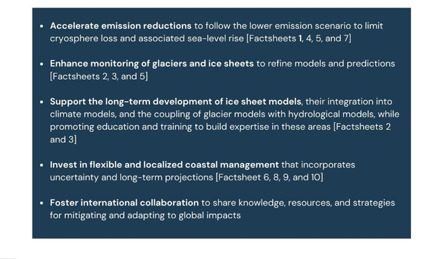 1. Accelerate emissions reductions 
2. enhance monitoring of glaciers and ice sheet
3. Support the long-term deveopment of ice sheet models 
4. Imvest in flexible and localised coastal management
5. Foster international collaboration