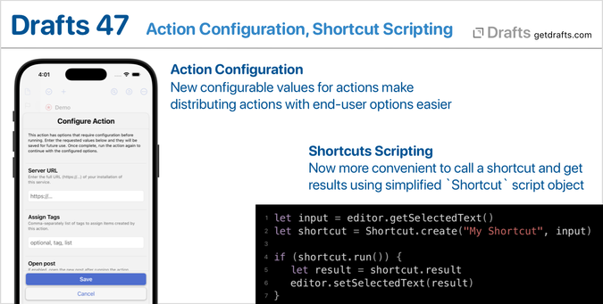 Promo image for v47 release, with screenshot of action configuration
