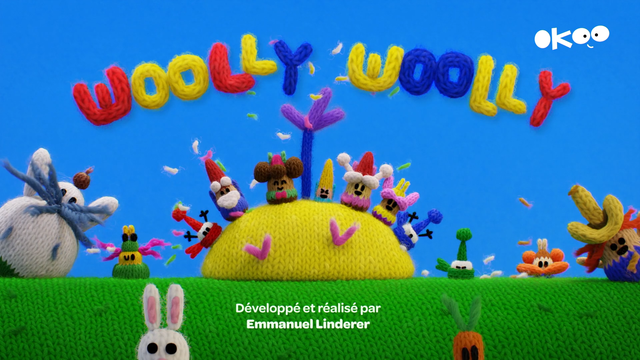 image de couverture de la série, avec les personnages laineux woolly dans leur monde (en 3d image de synthèse)