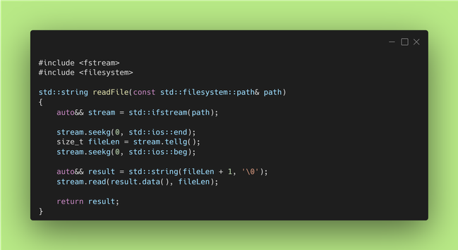 C++ code snippet that loads a file into a string through seeking to the end of the file, figuring its size and then reading into a buffer of that size.