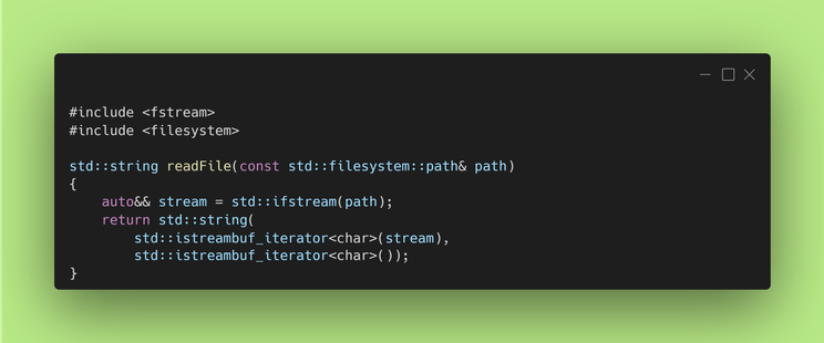 C++ code snippet that converts an input stream into an iterator that can be used to initialize a string.