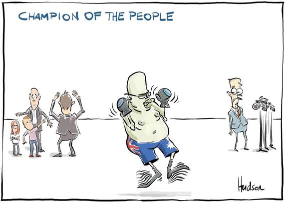 Single panel editorial cartoon titled Champion of the people. We see OL Dutton in aus-flag boxing trunks dancing around ‘air-boxing’, while in the background on right is PM Albanese looking at him despairingly while he is giving a press conference. In the background left a small boy points at a man’s head as the man notices something is missing. Another man is with him looking up at his own head, while a small girl has her arms folded and is frowning at Dutton. On each of Dutton’s boxing gloves is a (stolen) yarmulke.