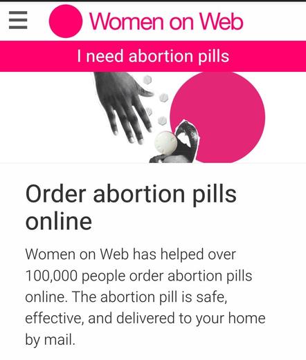 Screenshot of the website Women on Web saying Order abortion pills online