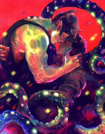An illustration of a sea creature when tentacles and human torso holding someone in their arms