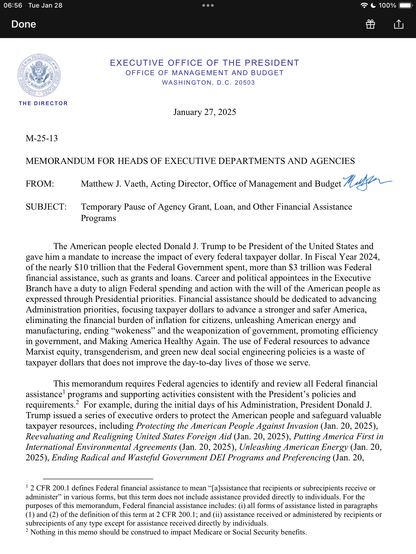 Page 1 of a memo from the Office of Management and Budget