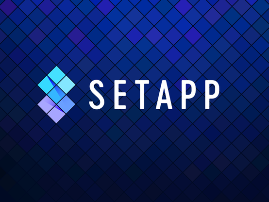 An image for the SetApp subscription service. There are blue diamonds in the background and lighter colored diamonds make up the logo and the word SetApp is in a white font.