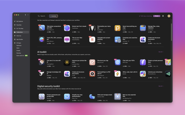 A screenshot of a Setapp application page shows a dark-themed interface displaying various Mac applications categorized into collections: "Get Mac essentials," "AI toolkit," and "Digital security toolkit." Each application is represented by an icon and a brief description, including its name, a percentage rating, and the platforms it supports (e.g., Mac, iOS, Web). The collections include tools for screenshots, text extraction, menu bar personalization, file management, AI-powered writing and image editing, and more. A search bar and a notification bell are visible at the top. The overall style is clean and modern.