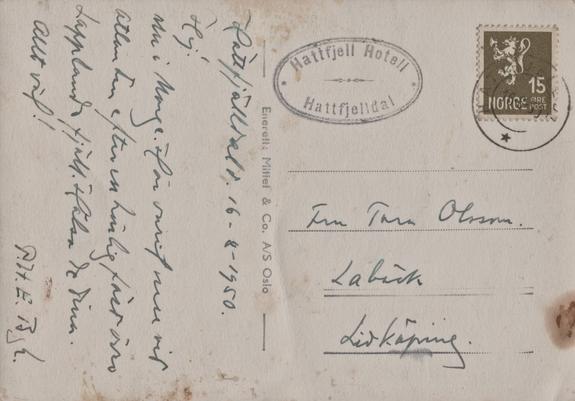 Scan of the back of a postcard from Northern Norway. On the postcard is a handwritten message, address and stamp, dated 16-8-1950.