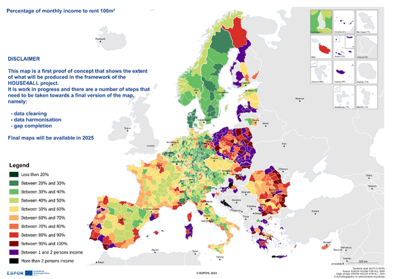 Karte die beschreibt wie viel vom eonatlichen Einkommen für das mieten einer 100m² Wohnung in verschiedenen eropäischen Regionen benötigt wird.