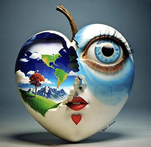 Surreal artwork of a heart-shaped Earth with a human eye, vibrant landscapes, and fragmented textures symbolizing the unity of nature and humanity.