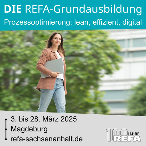 Eine Frau mit einem Laptop unter dem Arm unterwegs in einem Stadtpark.
"DIE REFA-Grundausbildung, Prozessoptimierung: lean, effizient, digital, 3. bis 28. März 2025, Magdeburg, refa-sachsenanhalt.de"