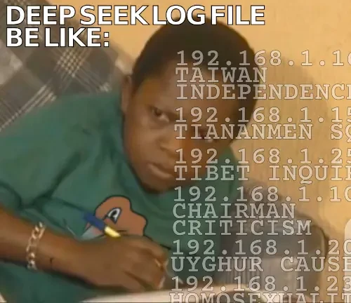 title: "deepseek log file be like:
kid looking very attentive/suspicious while taking notes

half transparent text shows ip numbers assigned to texts such as; taiwan independence, tiananmen sq, tibet inquiry, charman criticism, uyghur cause, homosexuality...