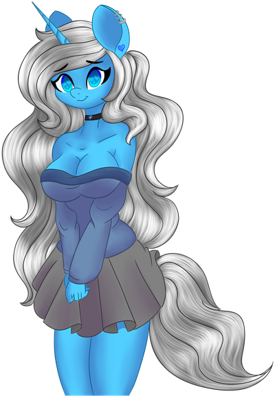 A cute, busty anthropomorphized version of Starsong stands with her hands clasped shyly in front of her. She is wearing a blue sweater that falls off her shoulders and a grey mini skirt with large pleats. She has long silver hair and a tail, and has bright blue eyes. She is smiling shyly at the viewer, her arms squeezing under her breasts to emphasize her cleavage.