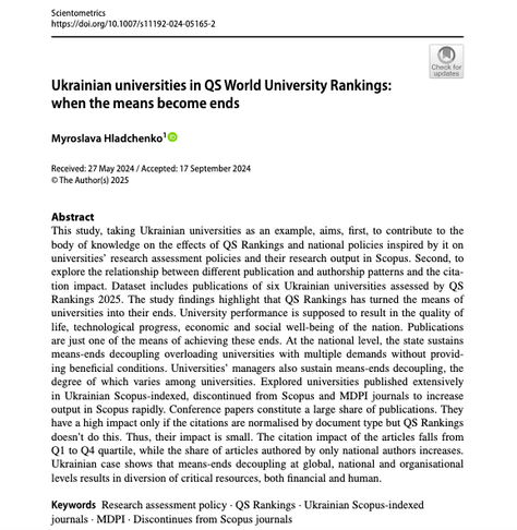 Hladchenko, M. Ukrainian universities in QS World University Rankings: when the means become ends. Scientometrics (2025). https://doi.org/10.1007/s11192-024-05165-2