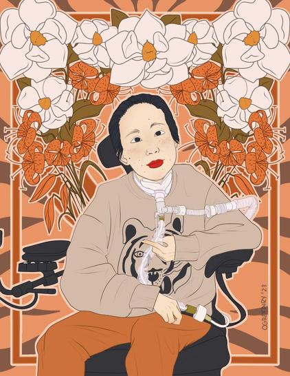 Digital portrait of an east asian woman who has black hair pulled back. She is wearing red lipstick, a tiger themed gray sweatshirt, and orange pants as she has a trach in her neck that is attached to a device that she is holding gently in her hands. She is sitting in her power wheelchair. The background is art nouveau inspired and tiger stripe themed with magnolias and tiger lilies and the color theme is mostly orange and black and white.
Image caption: Michaela Oteri, Alice Wong, from the Disabled Beauty Series, 2023; © Michaela Oteri; ogrefairy.com