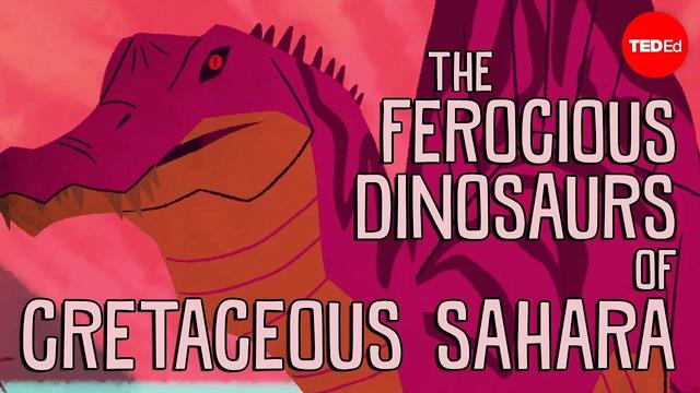 a still from the video, showing a spinosaurs. the words "THE FEROCIOUS DINOSAURS OF CRETACEOUS SAHARA" are on the right and bottom of the screen