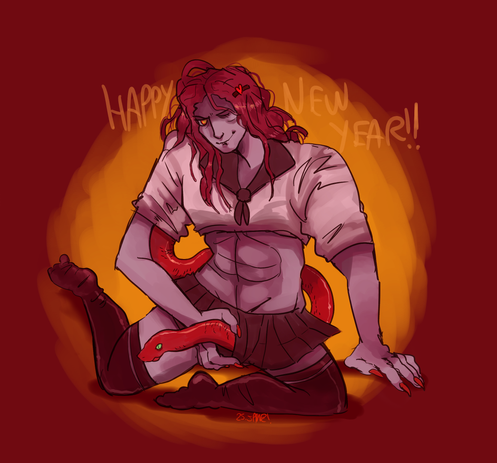 Drawing of Messmer (Elden Ring) in a cute japanede school uniform, with a huge snake coming out of his skirt. He's holding it as he was holding a penis. Lol.