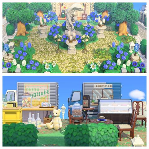 Collage of Animal Crossing: New Horizons stacked vertically. Both are scenes from Dream Island Hazelwood (DA-1895-6827-5003).  The upper image shows a park area surrounded by lush purple flowers and bushes with a stone statue in the center of a headless, winged figure. The center is also surrounded by stone pedestals with three candles on each. The lower image appears to look like an area with two food trucks; on the left is a lemonade truck, on the right is a coffee truck with some various accessories in front of them.