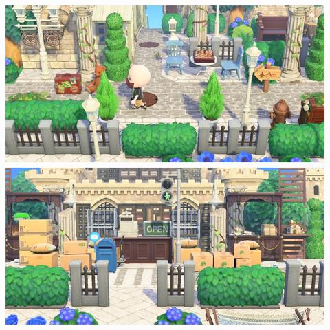 Collage of Animal Crossing: New Horizons stacked vertically. Both are scenes from Dream Island Hazelwood (DA-1895-6827-5003). The upper image shows a bald, bearded villager walking by a stone walkway at an intersection with a lot of white and grey stone materials used to mark it out. There are two blue chairs at a small table where a chess set is stations. The lower image looks like an outdoor post office complete with boxes, packages, a service counter, and a mailbox.