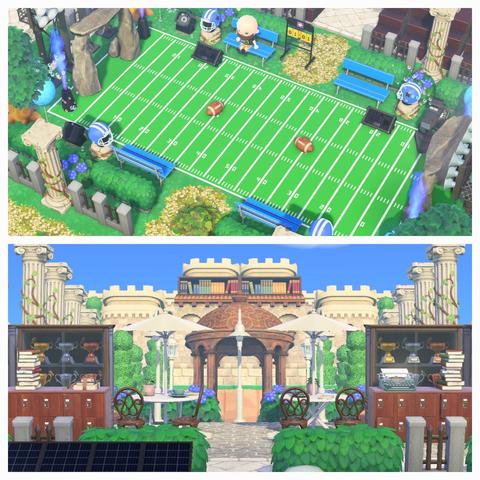 Collage of Animal Crossing: New Horizons stacked vertically. Both are scenes from Dream Island Hazelwood (DA-1895-6827-5003). The upper image looks like an ivy league college football field with stone archways used as the end zones. The lower image looks like a faux large castle-esque building.