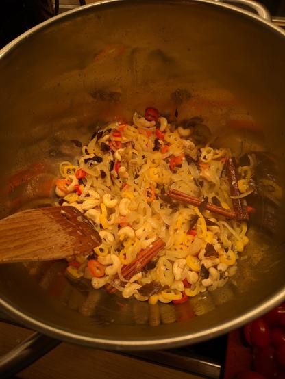 Cooking pot with onions, chili, cashews, curry leaves and cinnamon