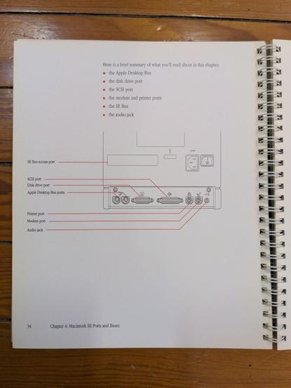 A closeup of a page of the spiral bound book, showing a diagram of the ports on the back of the SE.
