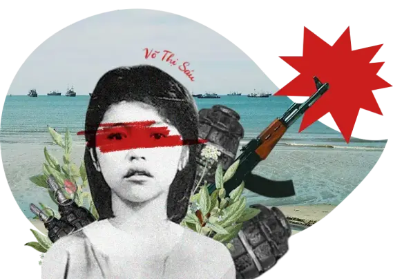 A monochromatic portrait of Võ Thị Sáu, placed centrally on a light-colored, circular background. Her eyes are covered by bold red stripes. Surrounding her are various graphic elements: two grenades positioned towards the left, an AK-47 rifle angled downwards on the right, and greenery interspersed with these weapons. The ocean and boats are faintly visible in the distant background, providing context of a coastal setting. The overall composition contrasts the tranquility of the sea with the violence implied by the weaponry.