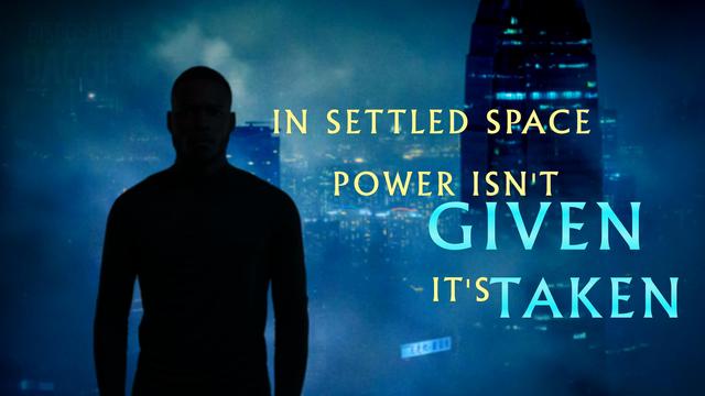 Silhouette of a man in front of cloud covered city at night. Text: In settled space, power isn't given. It's taken.