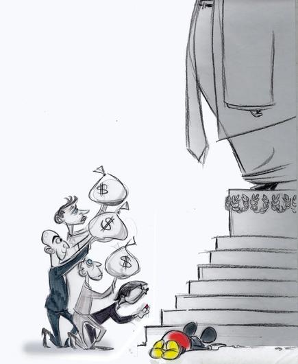 Picture of Sam Altman, Jeff, Bezos, Patrick Soon-Shiong and Mark Zuckerberg - raising sex of money up towards the statue of Donald Trump as well as Disney character Mickey Mouse at the feet of a statue of Donald Trump