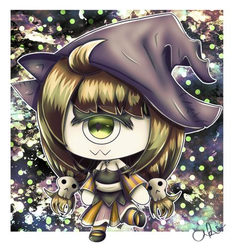 Cyclops chibi of a friend's oc named Eres. She has a purple witch hat and wears black, orange, and purple clothing. Colorful background of blue and black and white.
