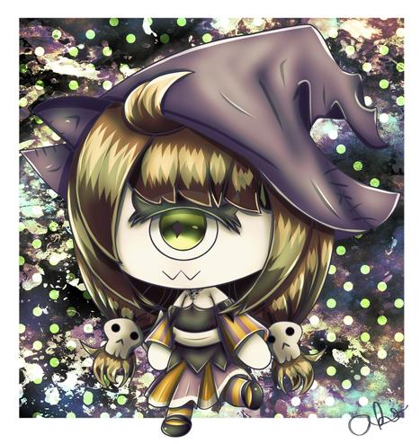 Cyclops chibi of a friend's oc named Eres. She has a purple witch hat and wears black, orange, and purple clothing. Colorful background of blue and black and white.