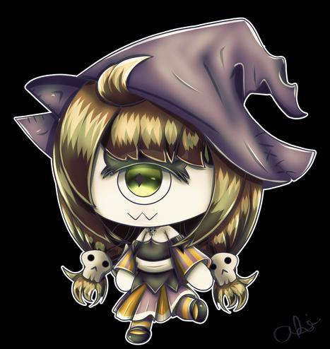 Cyclops chibi of a friend's oc named Eres. She has a purple witch hat and wears black, orange, and purple clothing.