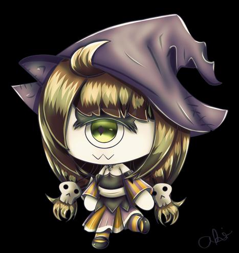 Cyclops chibi of a friend's oc named Eres. She has a purple witch hat and wears black, orange, and purple clothing.