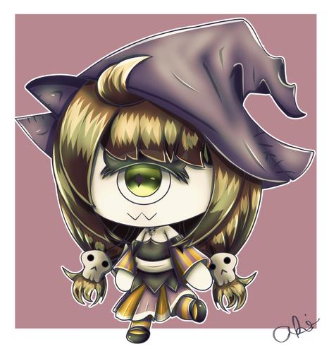 Friend's oc named Eres. She wears a purple witch hat, black, orange, and purple clothing. Purple background.