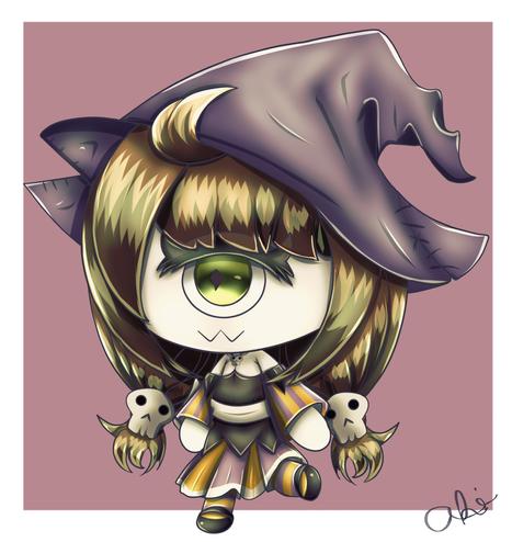 Friend's oc named Eres. She wears a purple witch hat, black, orange, and purple clothing. Purple background.