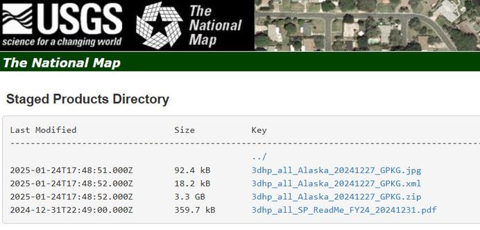 screen shot - USGS Staged Products download page - 3DHP datasets