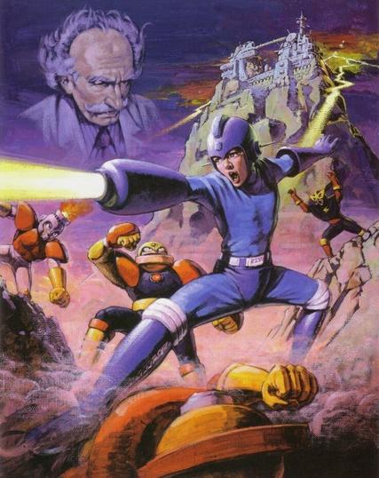 A dramatic illustration of a blue-armored hero, in a dynamic pose with his arm cannon firing a yellow energy blast. He is surrounded by robotic enemies in combat, with an older man's ghostly face looming in the background. A fortress on a mountain peak is struck by lightning, emphasizing a climactic battle scene. The artwork has a hand-painted, vintage style with vibrant colors and intense expressions.