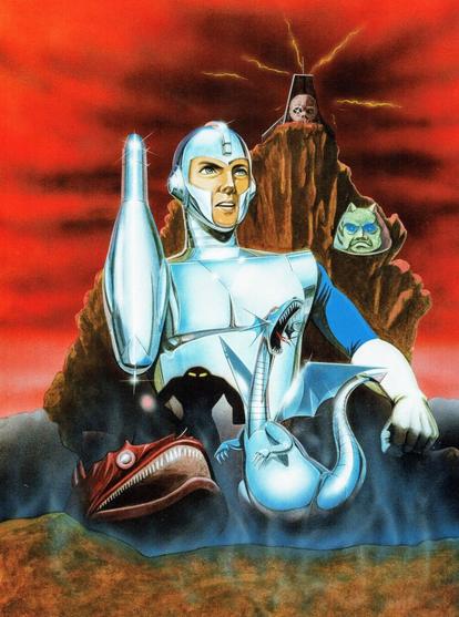 A sci-fi/fantasy illustration featuring a silver-armored humanoid warrior standing heroically, with a metallic dragon coiling around his arm. His helmeted head shines, and his determined face is set against a dark, ominous mountain fortress in the background, surrounded by eerie faces and monstrous creatures. The red sky and lightning create a sense of danger and adventure, reinforcing the retro-futuristic aesthetic.