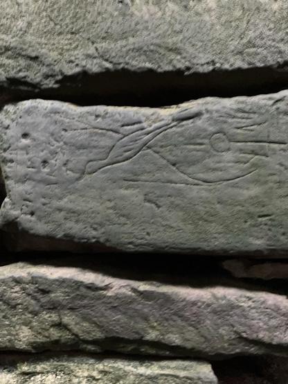 A photo of a stone lintel in the tomb with a fish shaped carving. Someone has carve ‘PICTISH MARKS’ unhelpfully as this is a Neolithic structure