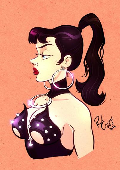 Digital painting of goth female torso in profile. Hair ins high ponytail, wearing a leather brazier with studs and a spiked collar