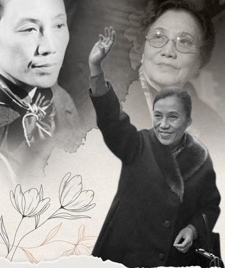 3 grayscale portraits of Nguyen Thi Binh, arranged in layers. The foreground image shows her smiling and raising her right hand, capturing a moment of greeting or celebration. The middle background image features her in profile, with a solemn expression, while the top background shows her looking upwards, wearing glasses. The overall texture of the image has a light beige backdrop with faint artistic floral illustrations at the bottom, enhancing the emotional tone of the piece.